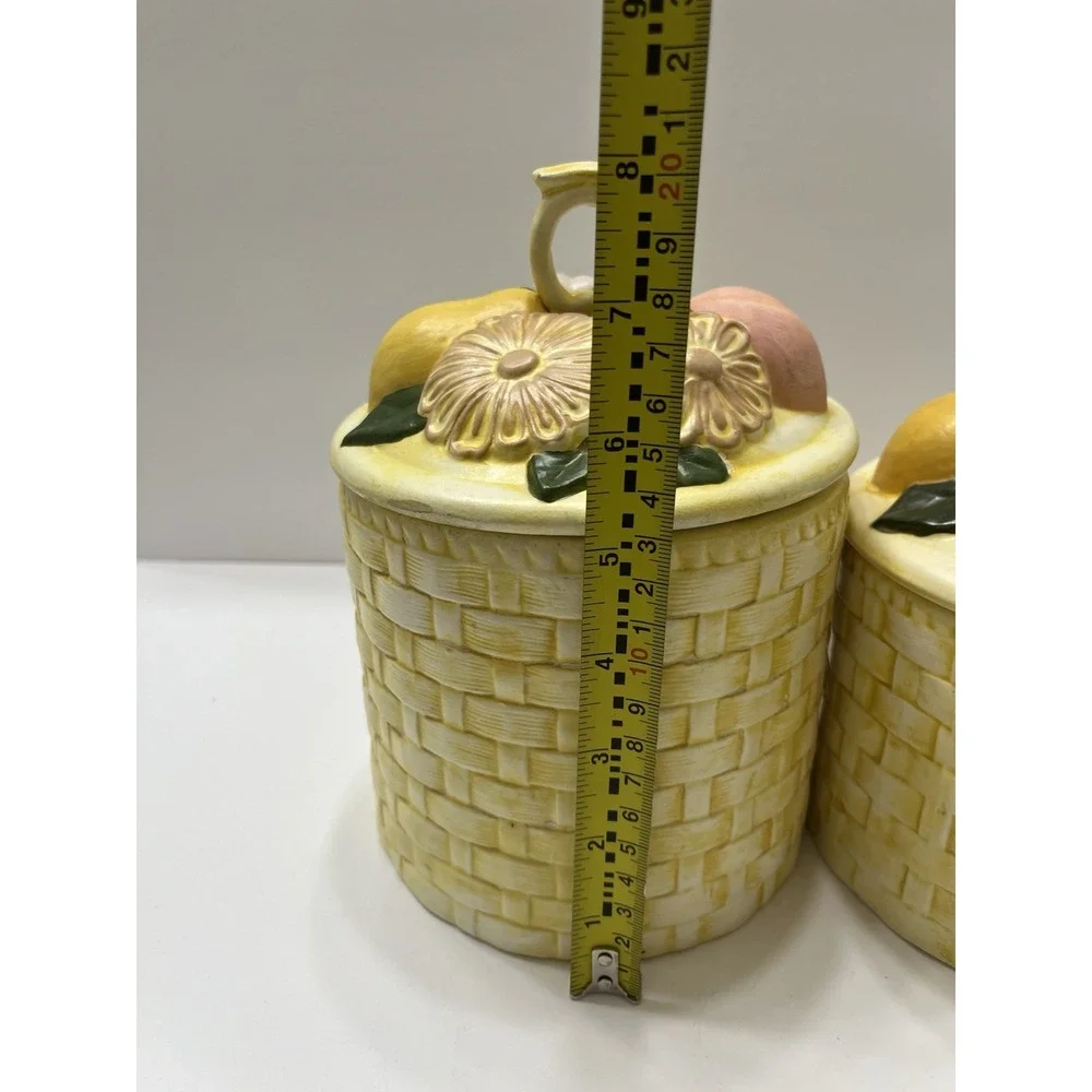 Vintage Ceramic Canister Set Of 2 Yellow Basket Weave Fruit With Lids 1970s